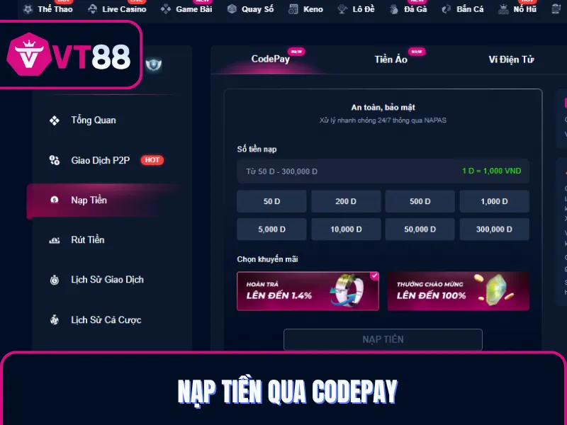 Cách nạp tiền VT88 qua Codepay