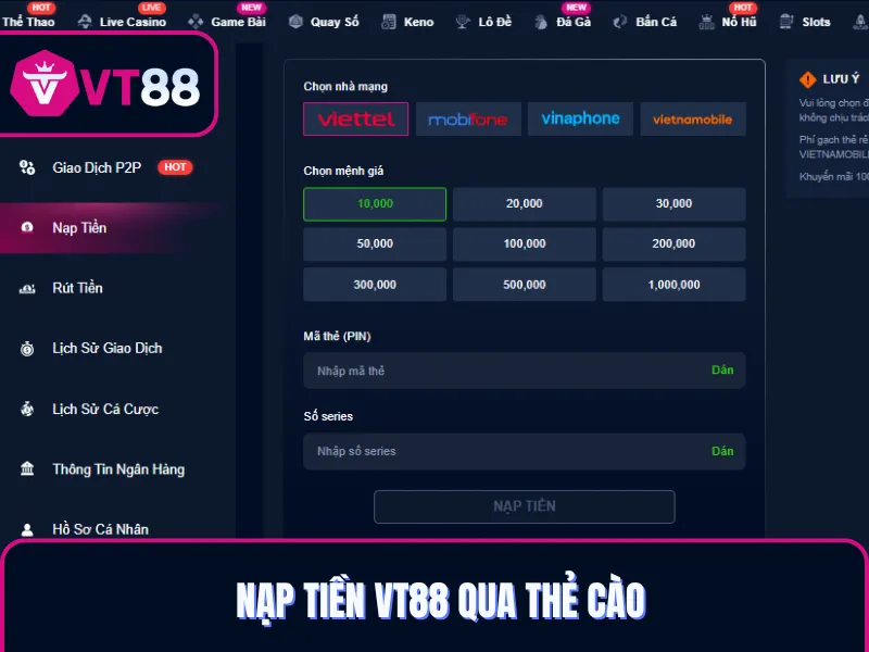 Nạp tiền VT88 qua thẻ cào di động