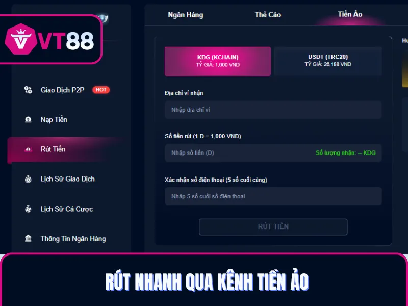 Cách rút tiền VT88 qua tiền ảo