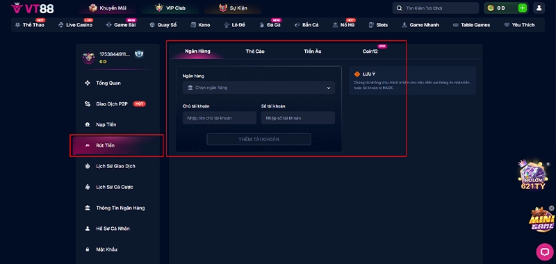 Hướng dẫn rút tiền VT88